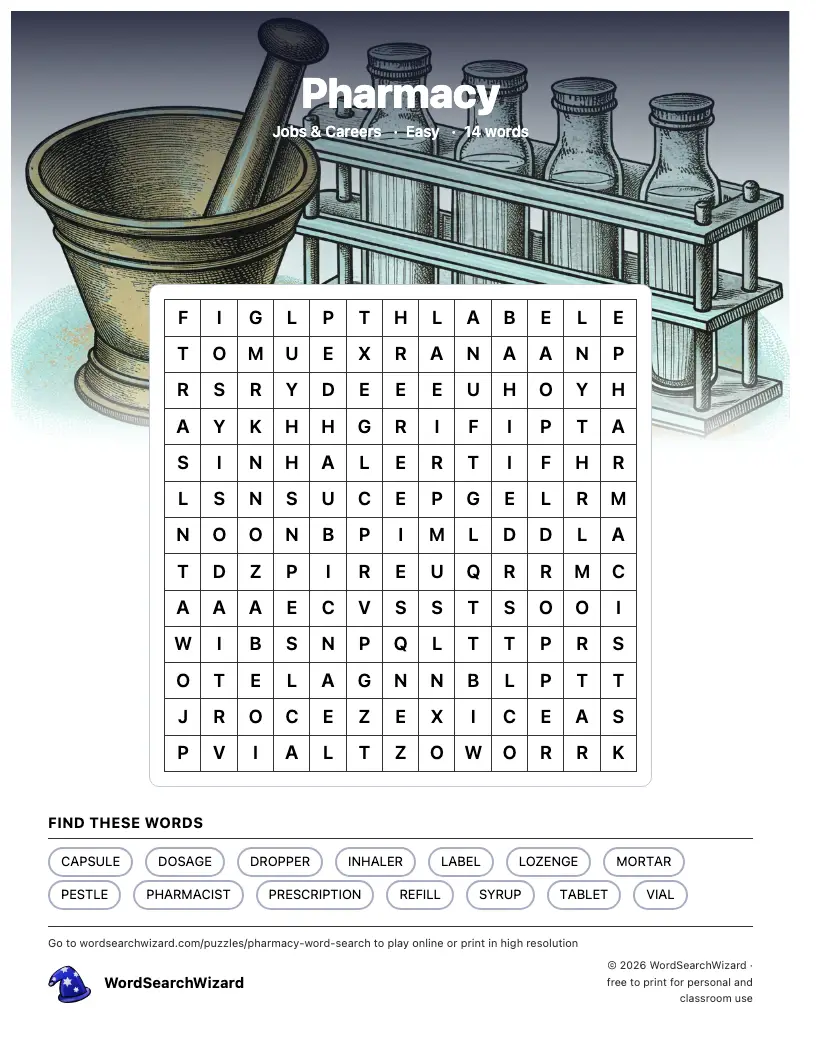 Pharmacy word search printable sheet, 14 words to find