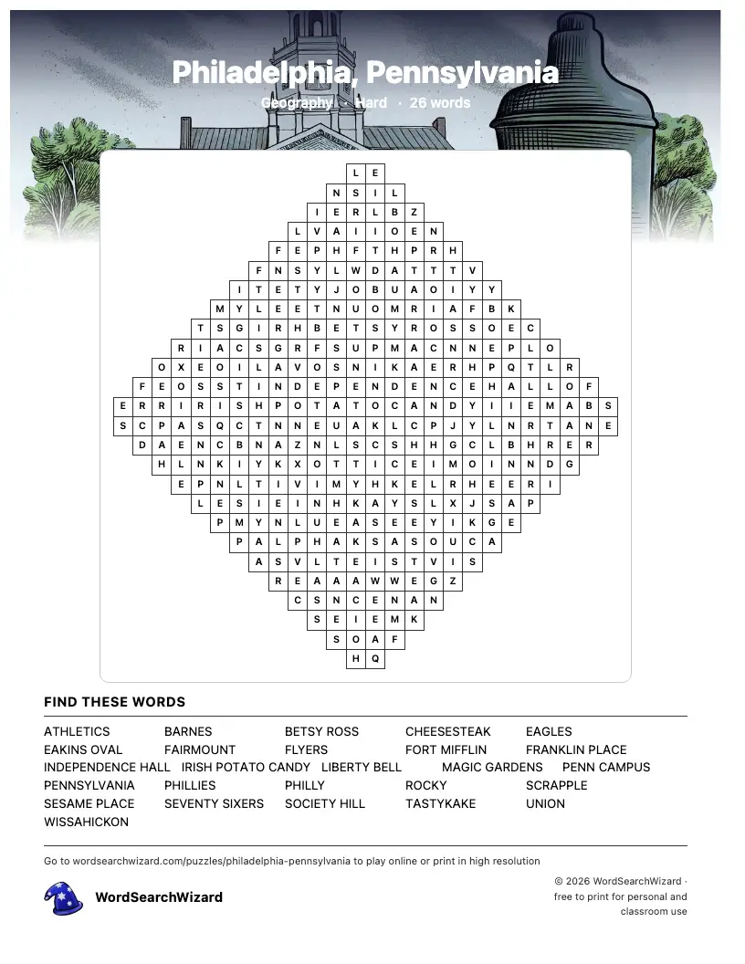 Philadelphia, Pennsylvania word search printable sheet, 26 words to find