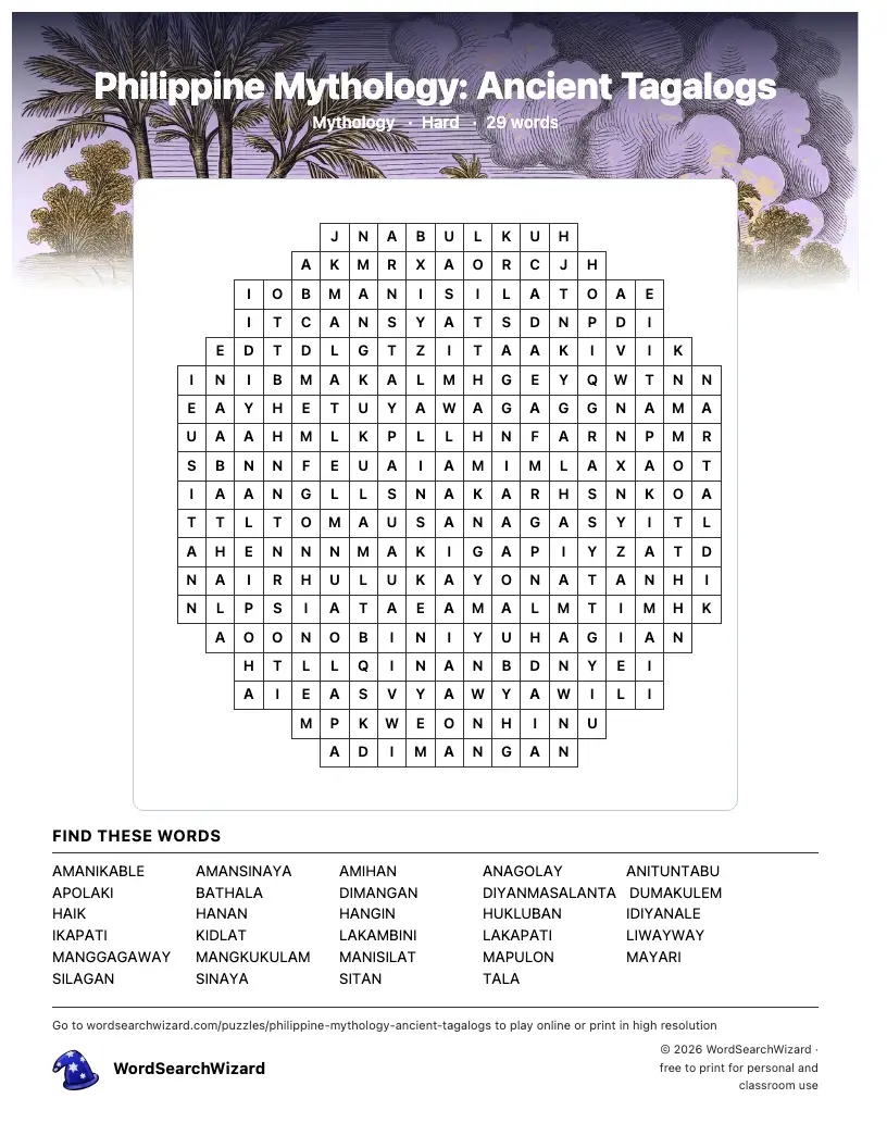 Philippine Mythology: Ancient Tagalogs word search printable sheet, 29 words to find