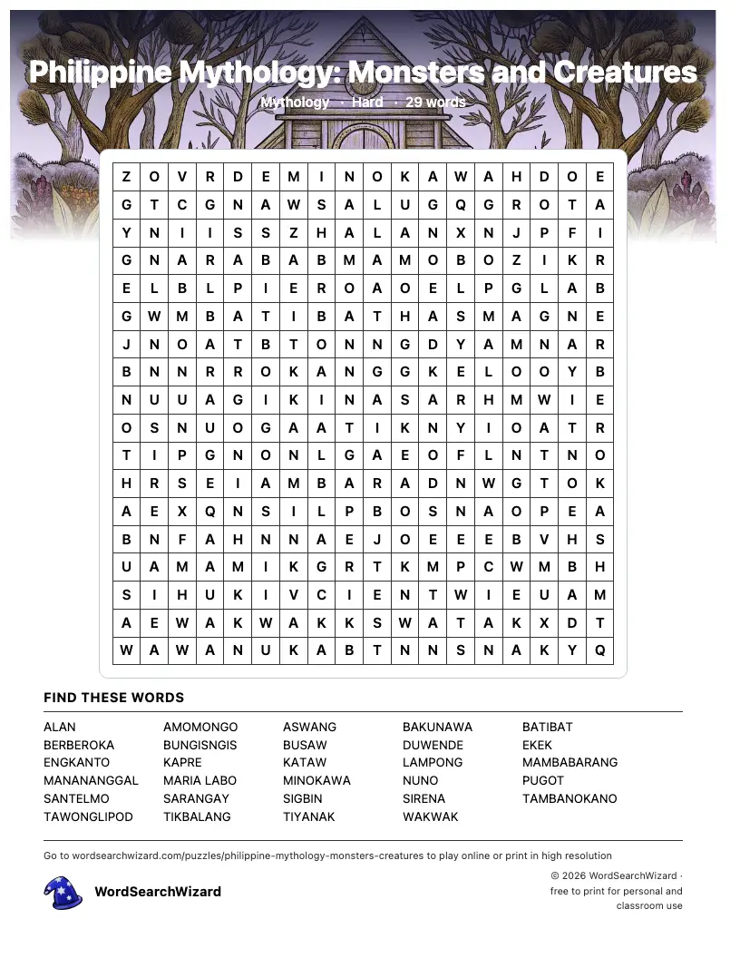 Philippine Mythology: Monsters and Creatures word search printable sheet, 29 words to find