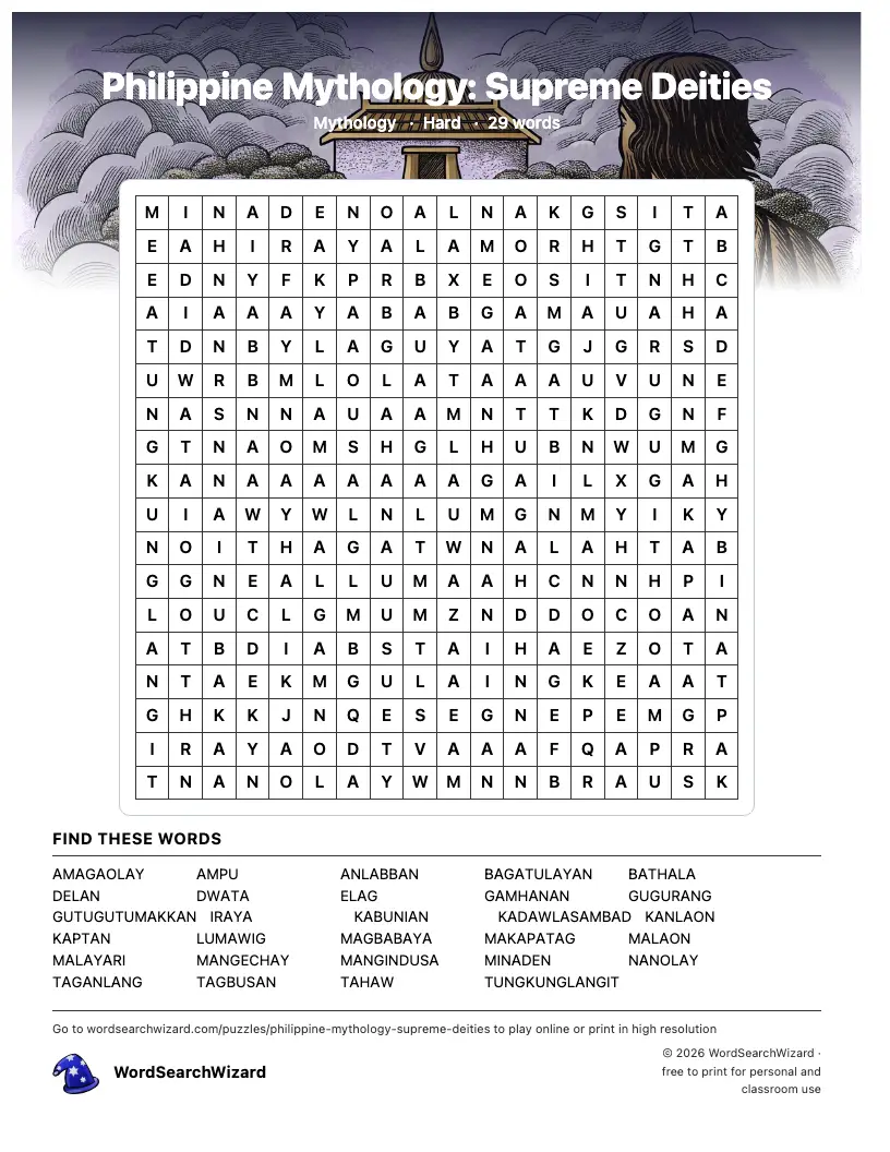 Philippine Mythology: Supreme Deities word search printable sheet, 29 words to find