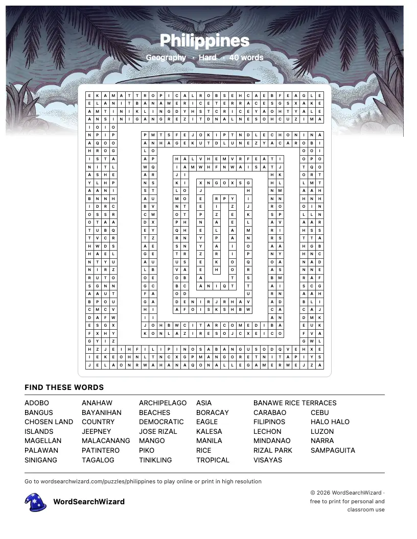 Philippines word search printable sheet, 40 words to find