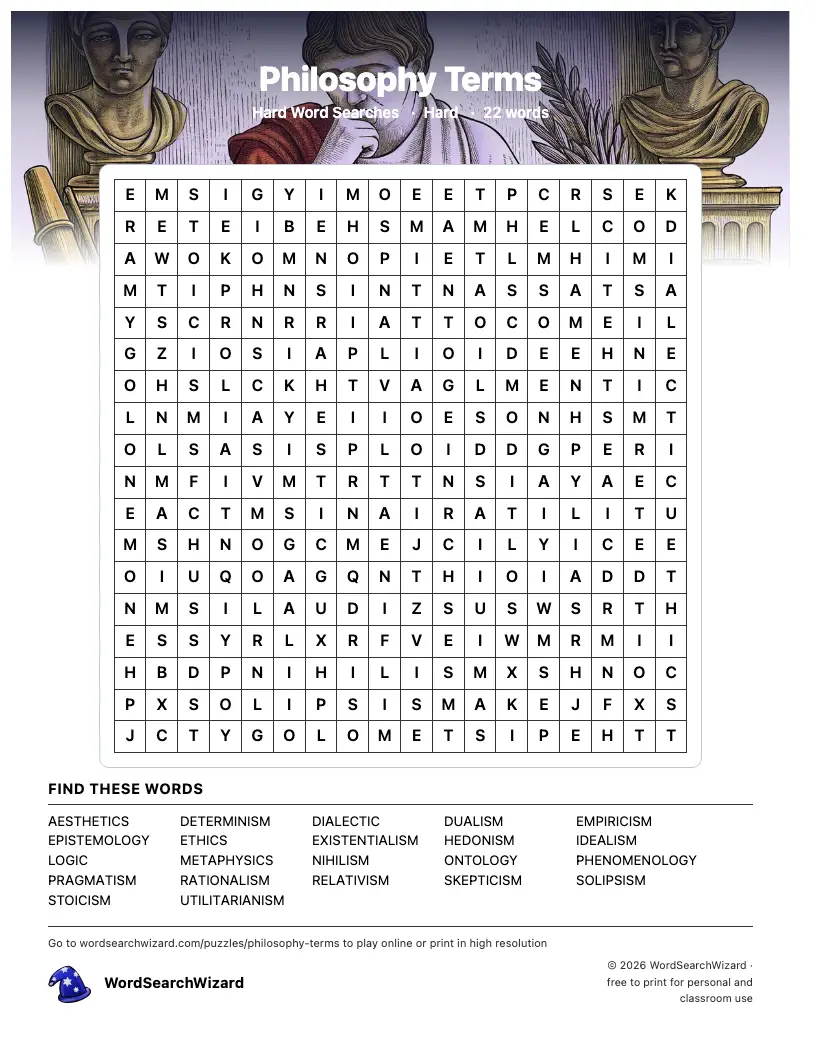 Philosophy Terms word search printable sheet, 22 words to find