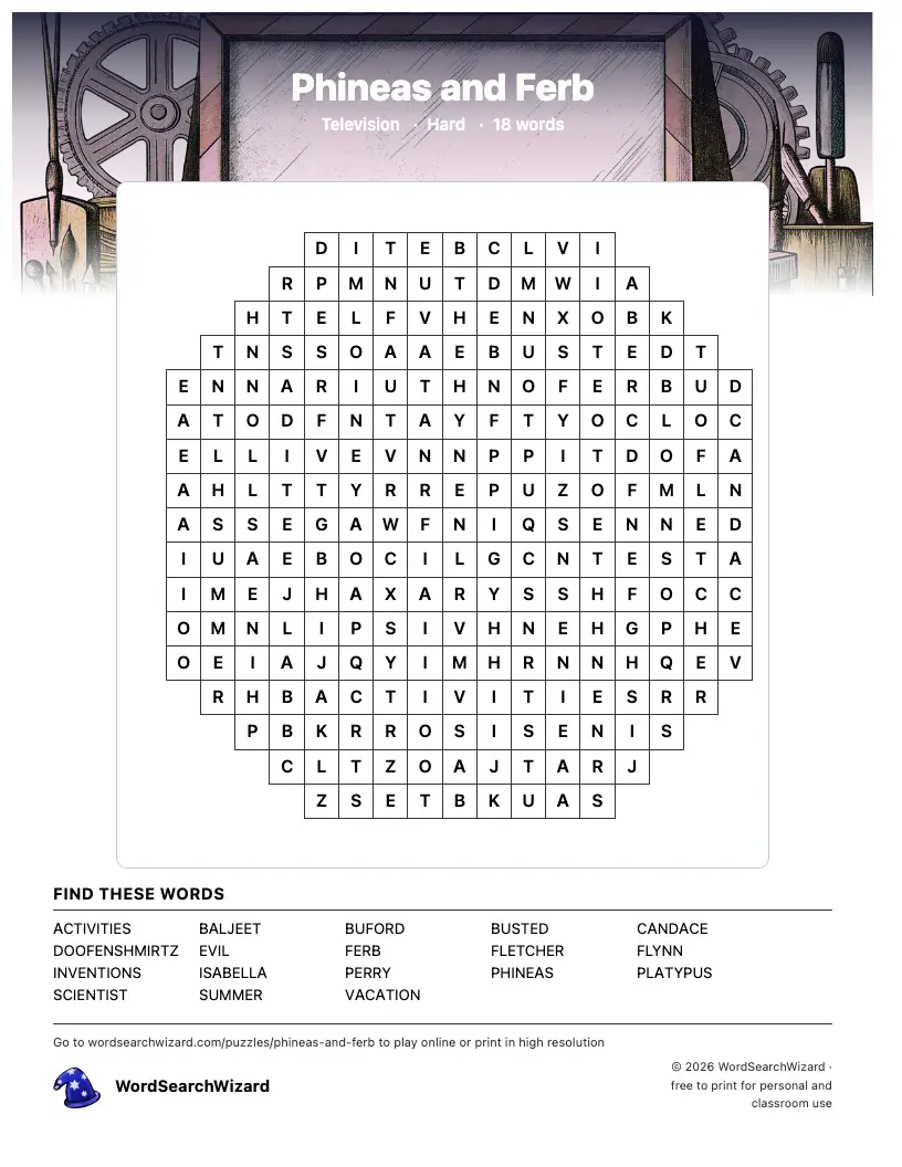Phineas and Ferb word search printable sheet, 18 words to find