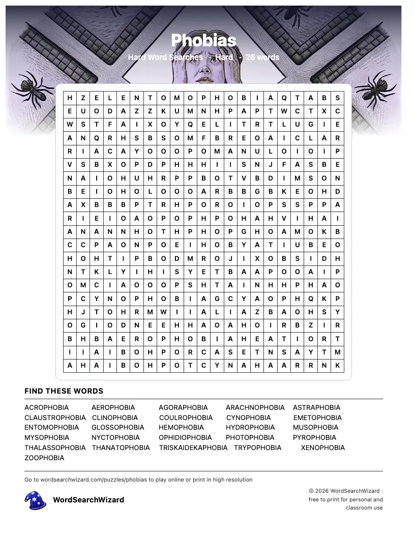 Phobias word search printable sheet, 26 words to find