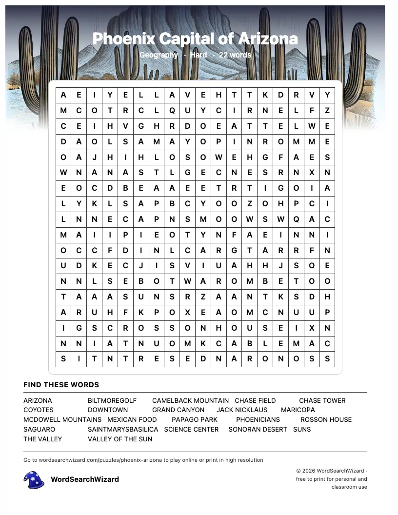 Phoenix Capital of Arizona word search printable sheet, 22 words to find