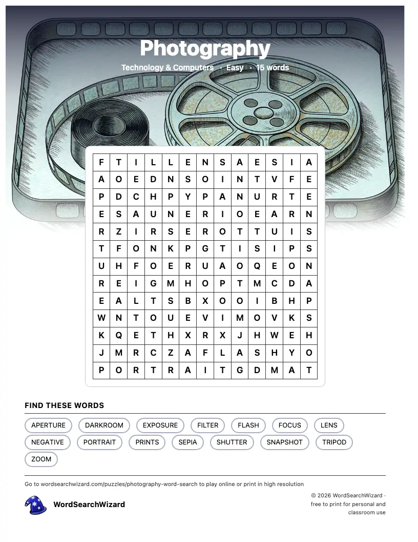 Photography word search printable sheet, 15 words to find