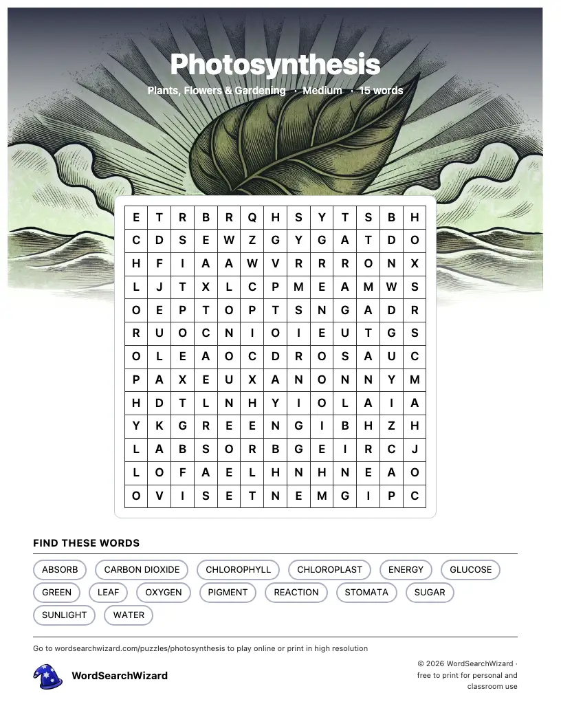Photosynthesis word search printable sheet, 15 words to find