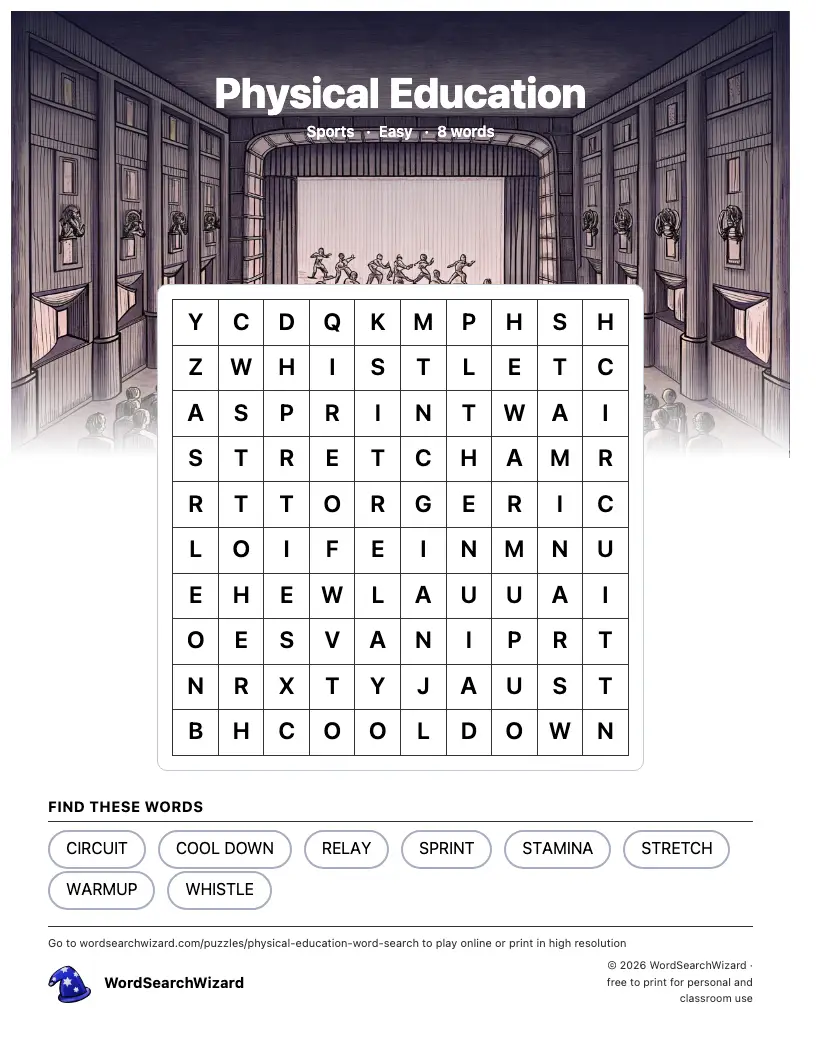 Physical Education word search printable sheet, 8 words to find
