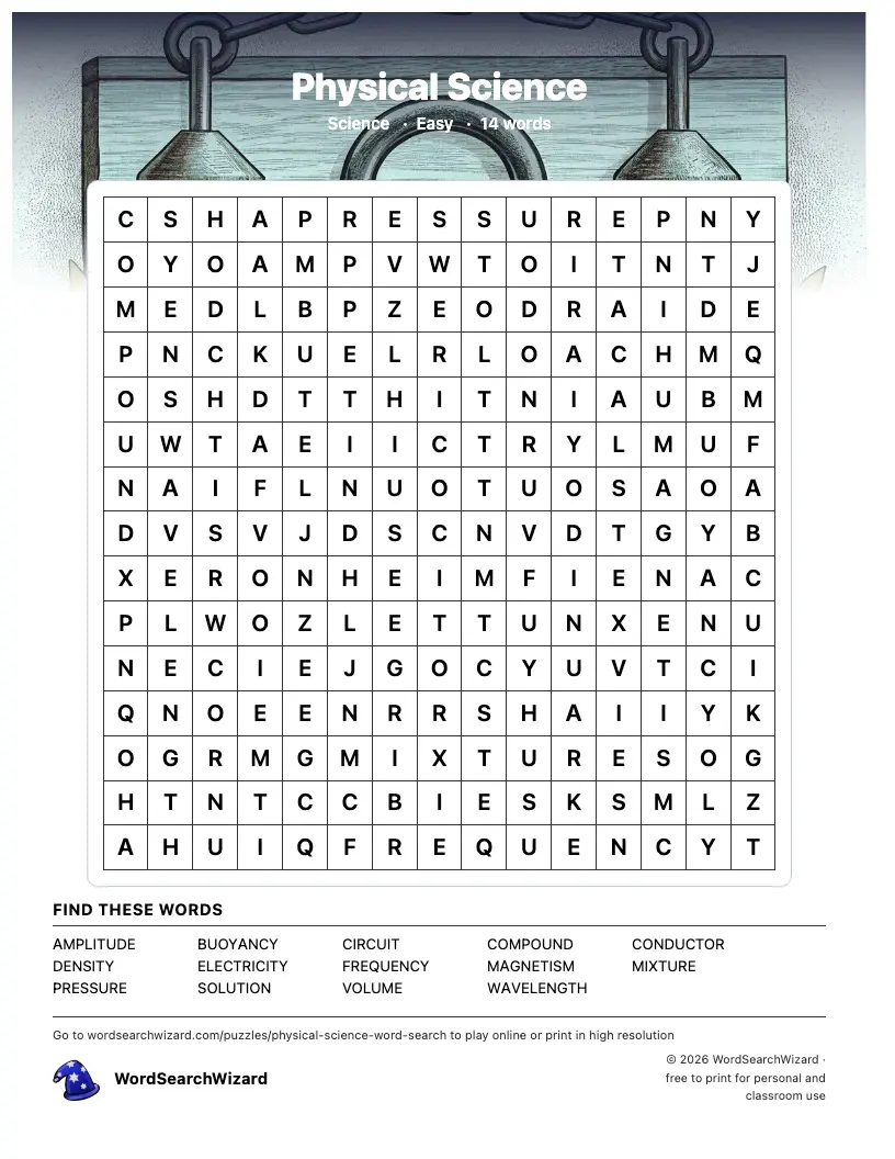 Physical Science word search printable sheet, 14 words to find