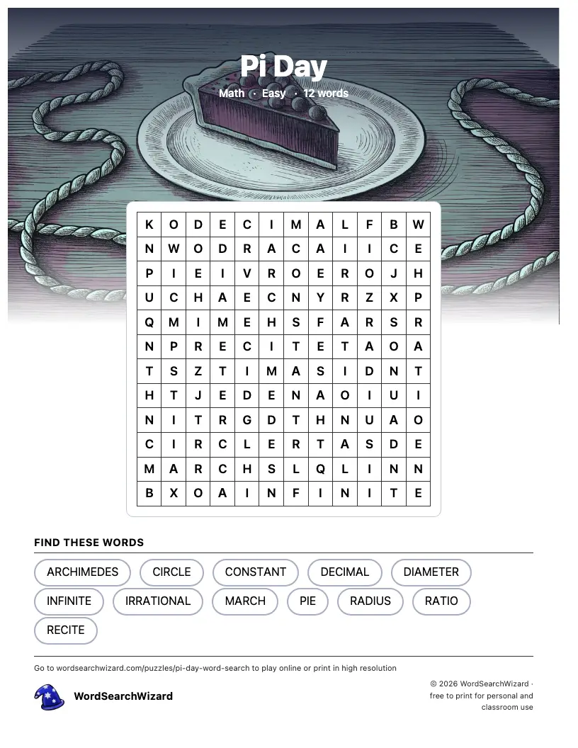 Pi Day word search printable sheet, 12 words to find