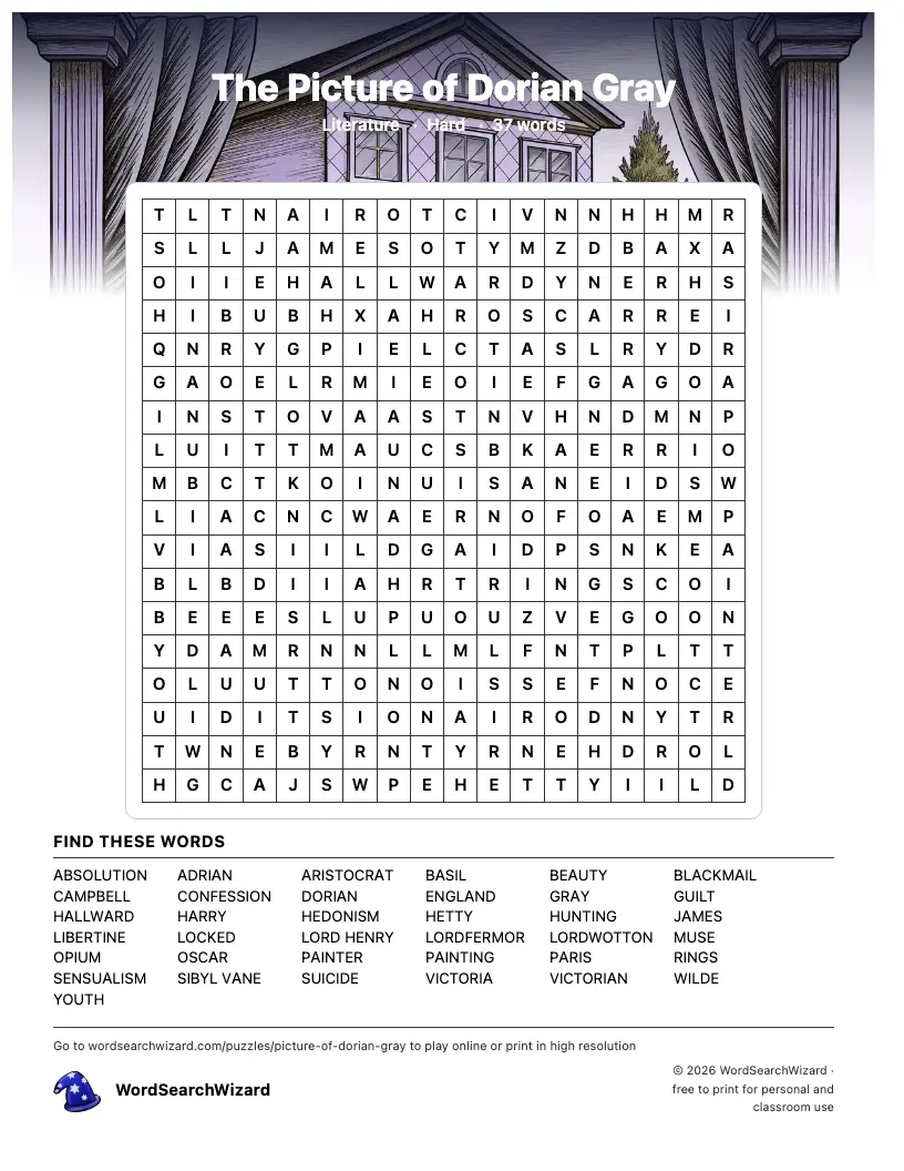 The Picture of Dorian Gray word search printable sheet, 37 words to find