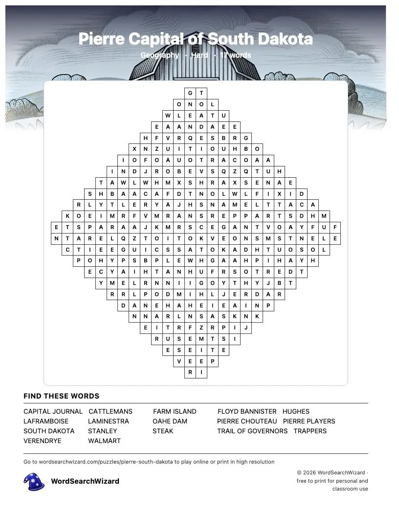 Pierre Capital of South Dakota word search printable sheet, 17 words to find