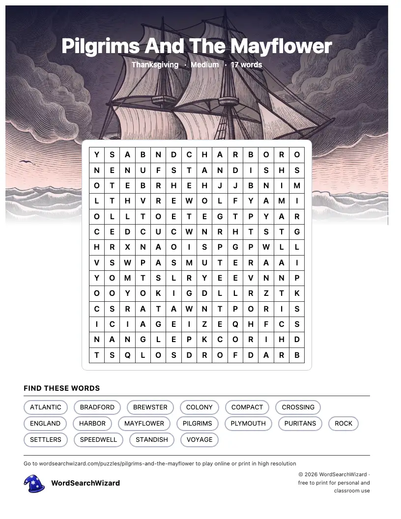Pilgrims And The Mayflower word search printable sheet, 17 words to find