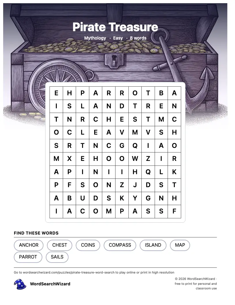 Pirate Treasure word search printable sheet, 8 words to find