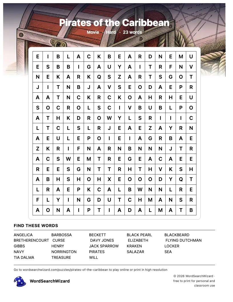 Pirates of the Caribbean word search printable sheet, 23 words to find