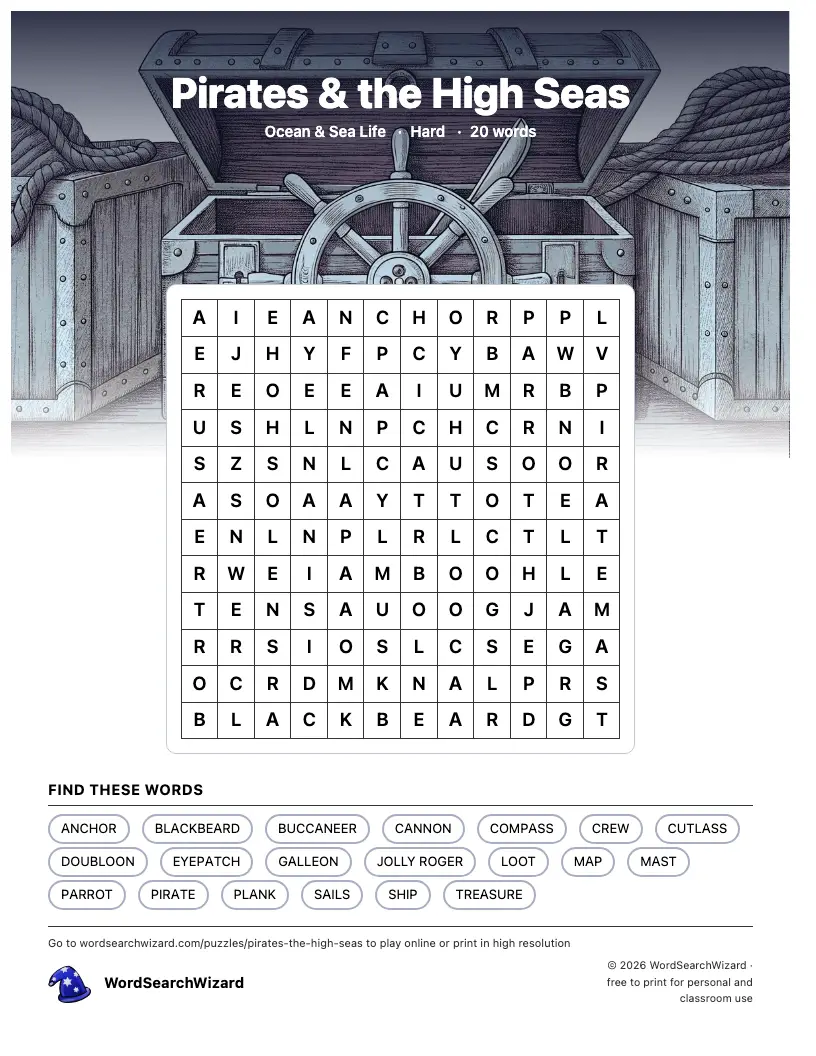 Pirates & the High Seas word search printable sheet, 20 words to find