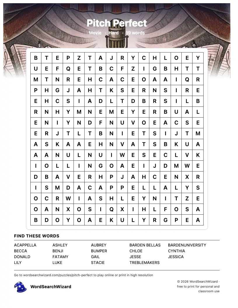 Pitch Perfect word search printable sheet, 19 words to find