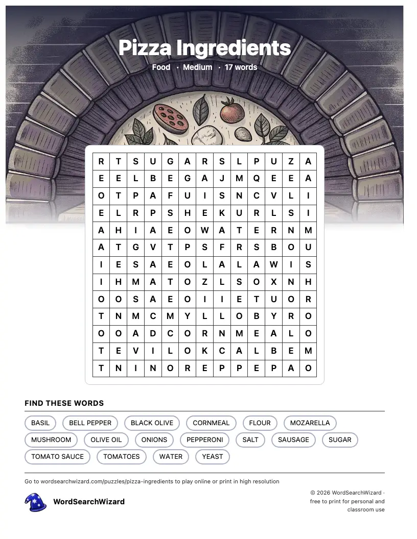 Pizza Ingredients word search printable sheet, 17 words to find
