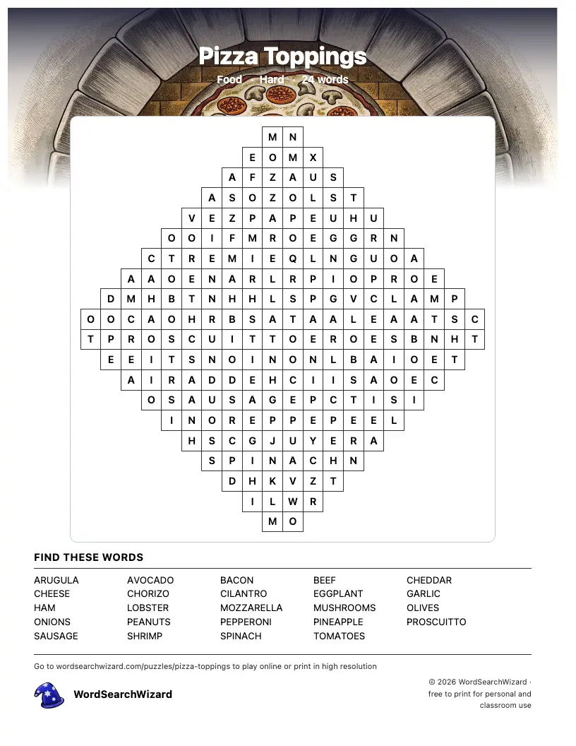 Pizza Toppings word search printable sheet, 24 words to find