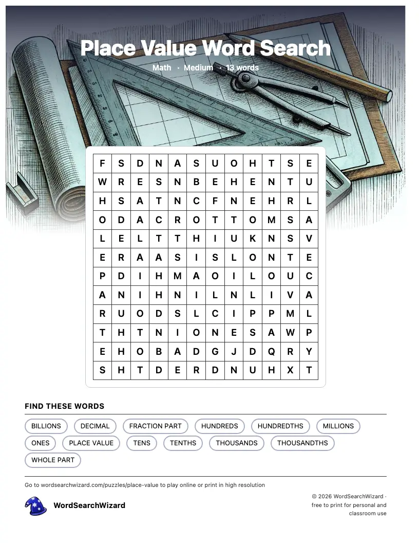 Place Value word search printable sheet, 13 words to find