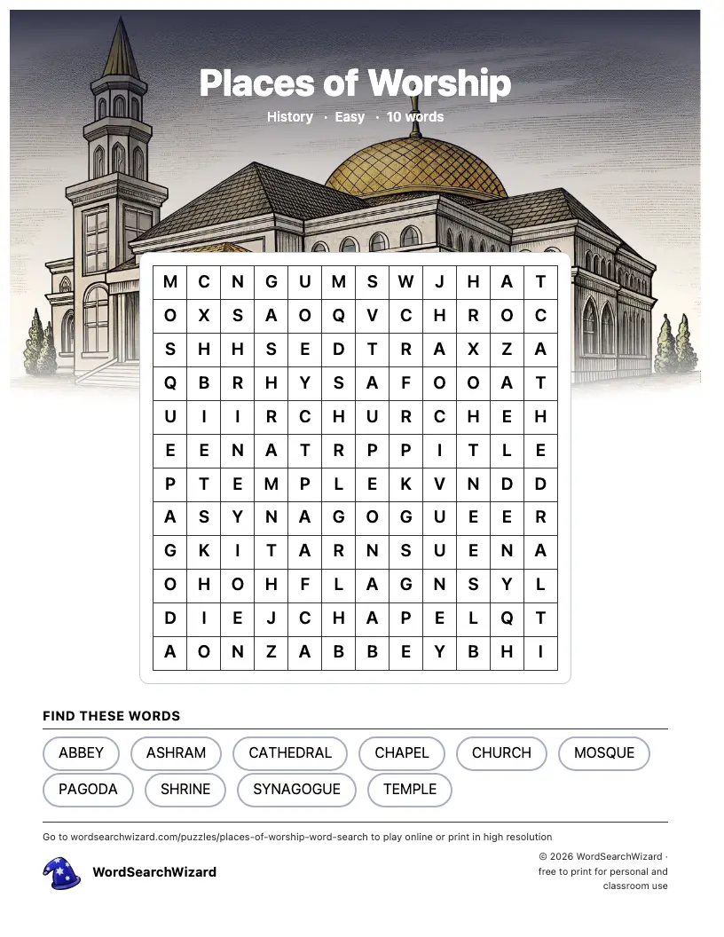 Places of Worship word search printable sheet, 10 words to find