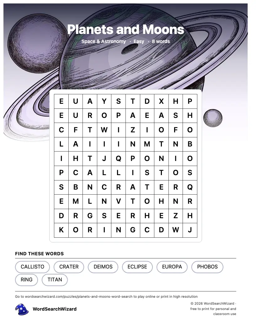 Planets and Moons word search printable sheet, 8 words to find