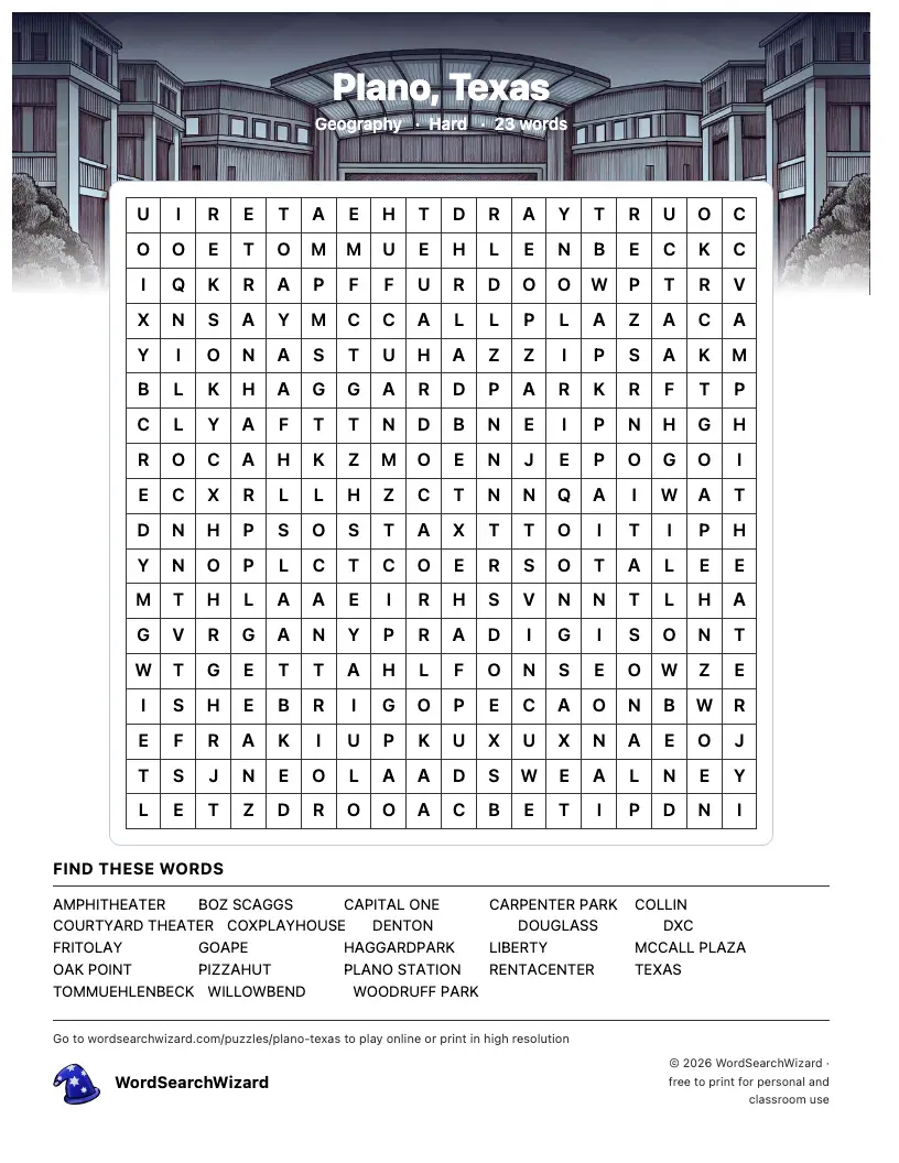 Plano, Texas word search printable sheet, 23 words to find