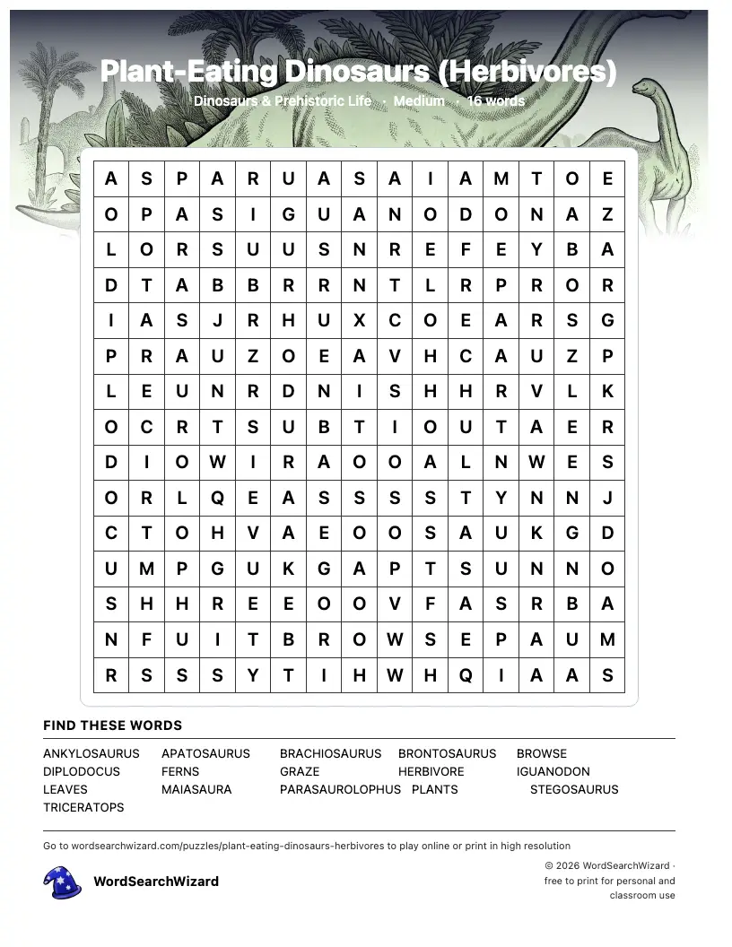 Plant-Eating Dinosaurs (Herbivores) word search printable sheet, 16 words to find