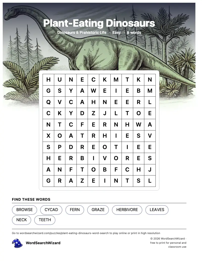 Plant-Eating Dinosaurs word search printable sheet, 8 words to find