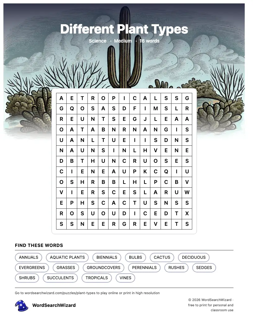 Different Plant Types word search printable sheet, 16 words to find