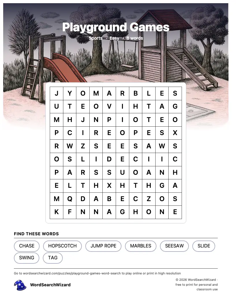 Playground Games word search printable sheet, 8 words to find
