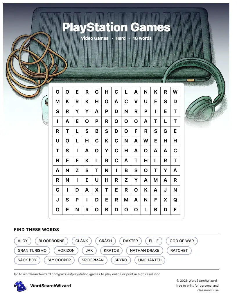 PlayStation Games word search printable sheet, 18 words to find