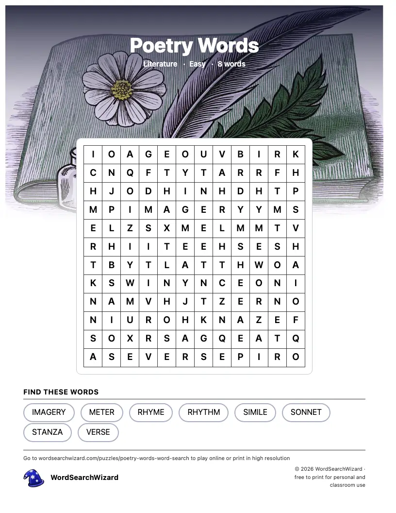 Poetry Words word search printable sheet, 8 words to find