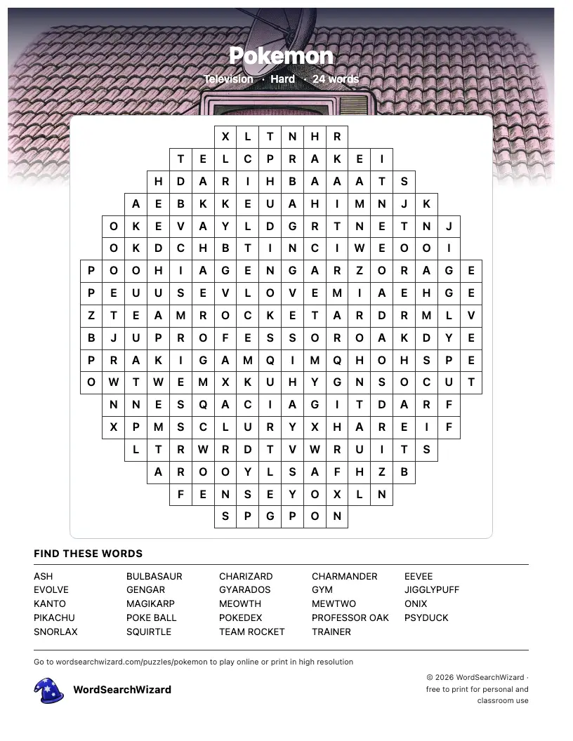 Pokemon word search printable sheet, 24 words to find