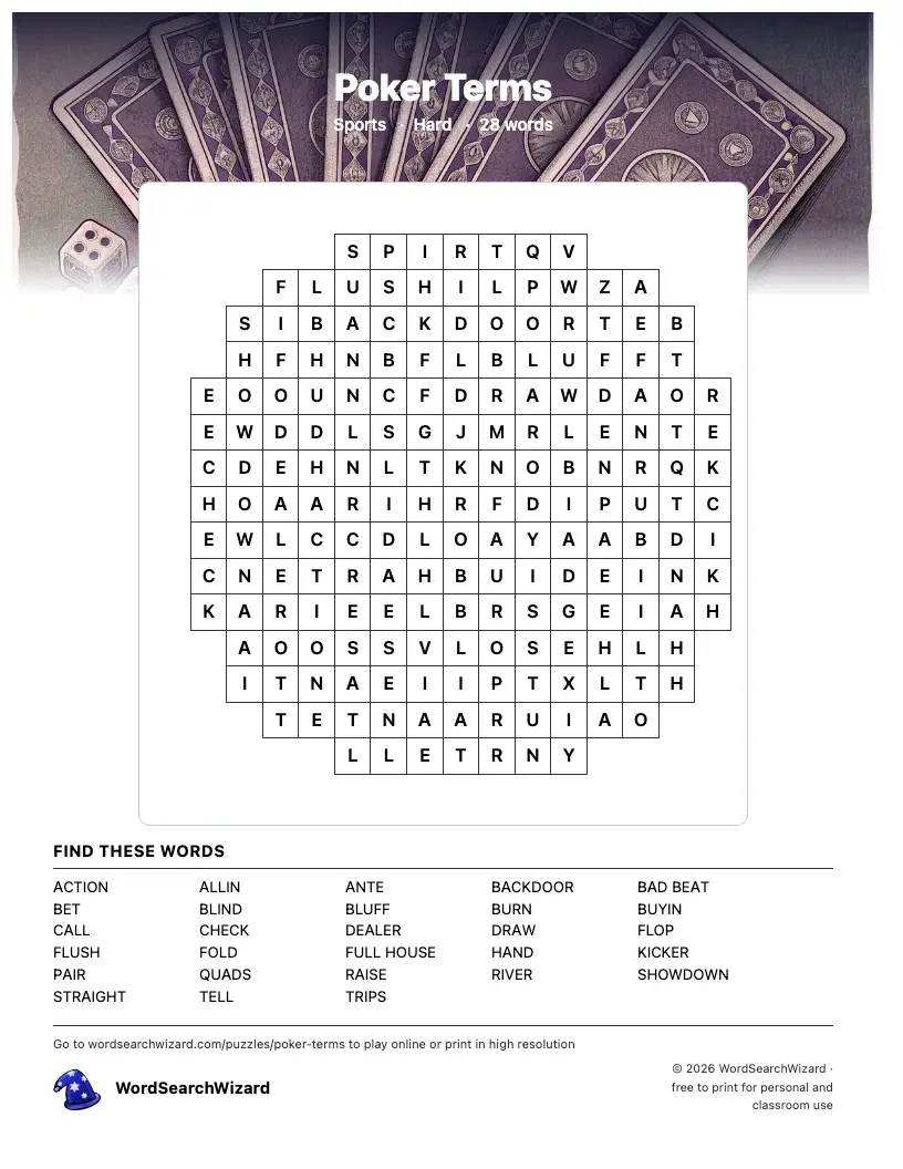 Poker Terms word search printable sheet, 28 words to find