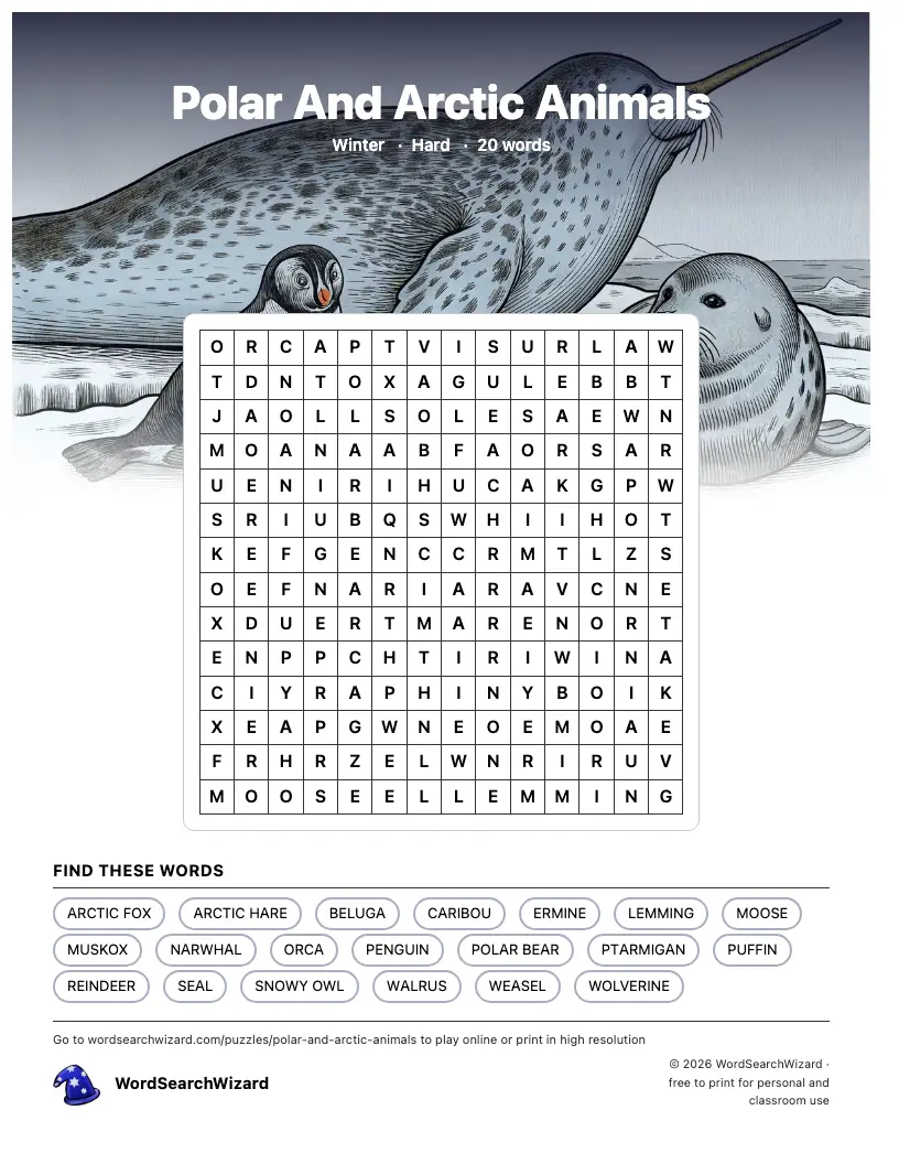 Polar And Arctic Animals word search printable sheet, 20 words to find