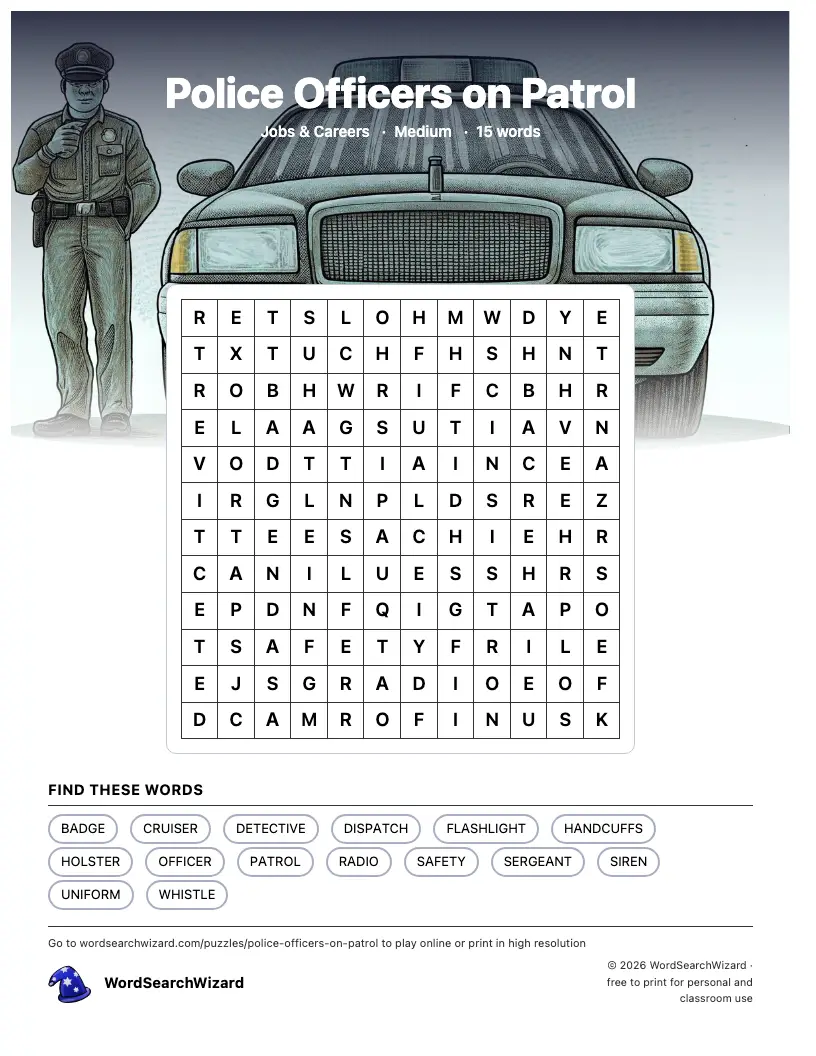 Police Officers on Patrol word search printable sheet, 15 words to find