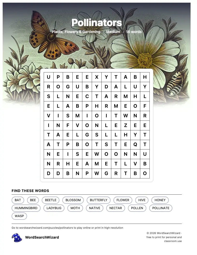 Pollinators word search printable sheet, 16 words to find