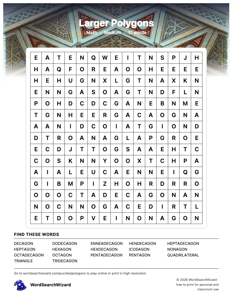 Larger Polygons word search printable sheet, 17 words to find