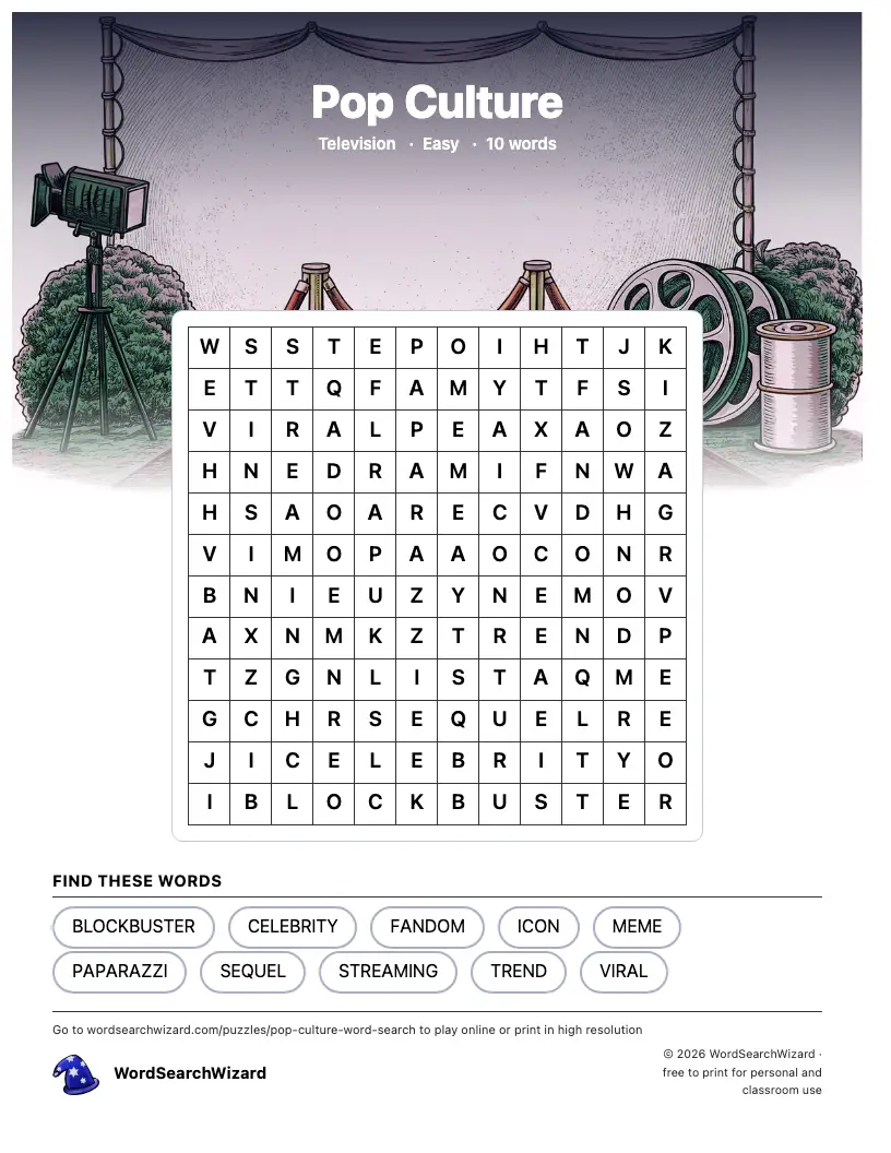 Pop Culture word search printable sheet, 10 words to find