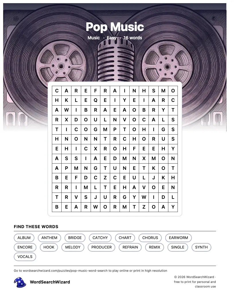 Pop Music word search printable sheet, 16 words to find