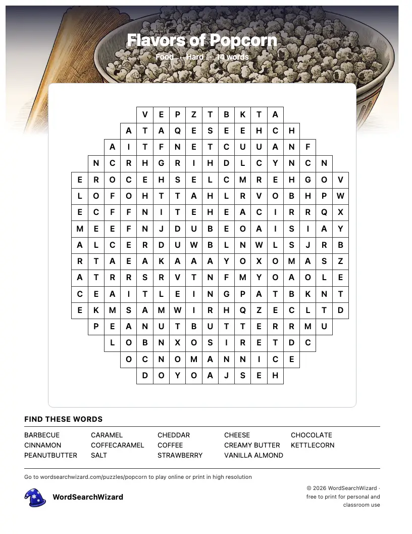 Flavors of Popcorn word search printable sheet, 14 words to find