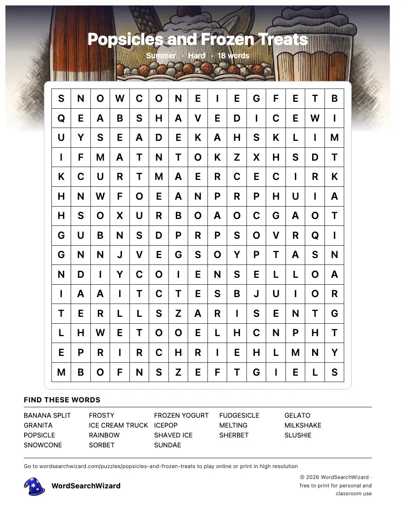 Popsicles and Frozen Treats word search printable sheet, 18 words to find