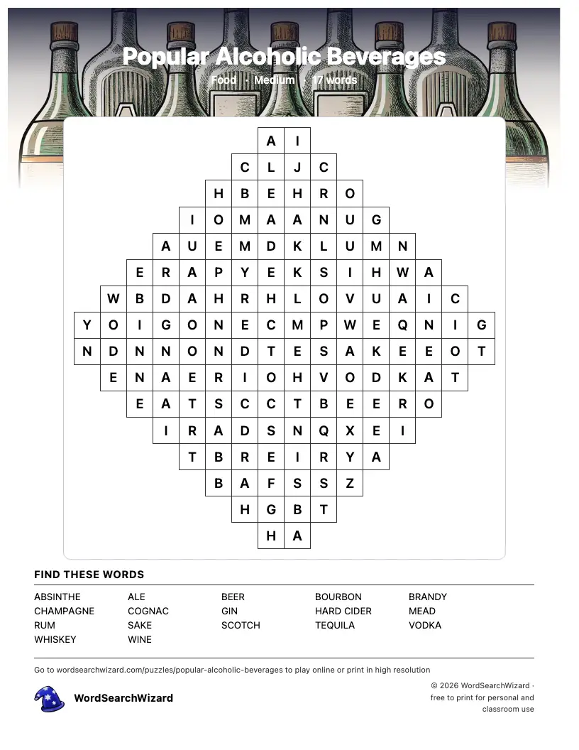 Popular Alcoholic Beverages word search printable sheet, 17 words to find