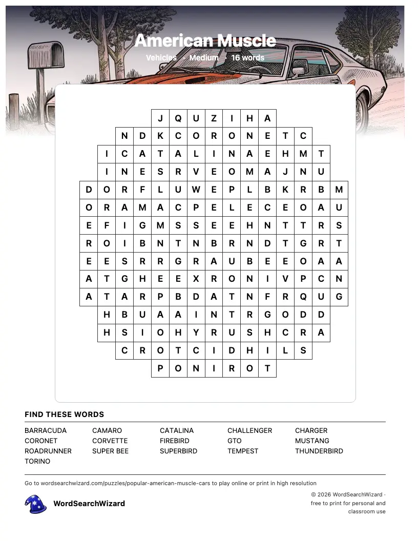 American Muscle word search printable sheet, 16 words to find