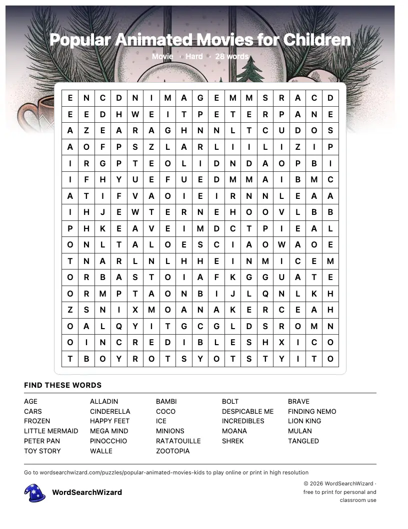 Popular Animated Movies for Children word search printable sheet, 28 words to find