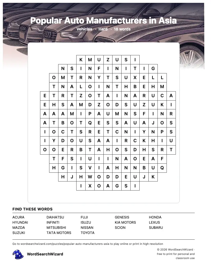 Popular Auto Manufacturers in Asia word search printable sheet, 18 words to find