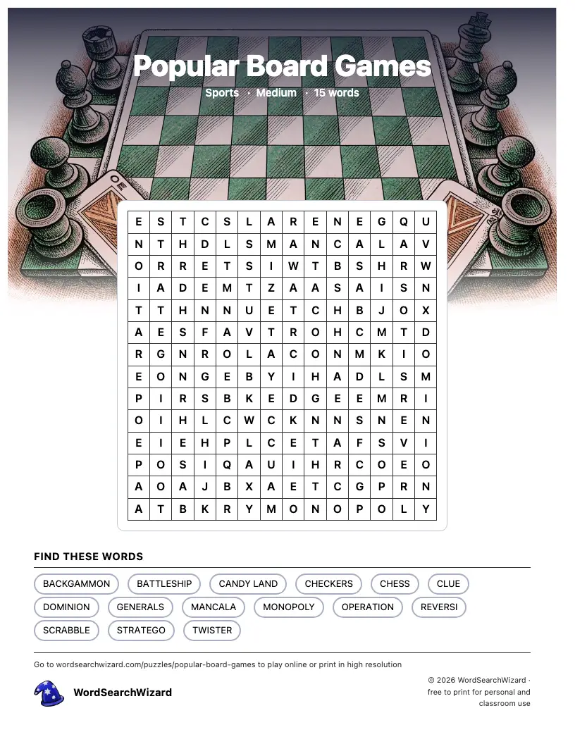 Popular Board Games word search printable sheet, 15 words to find