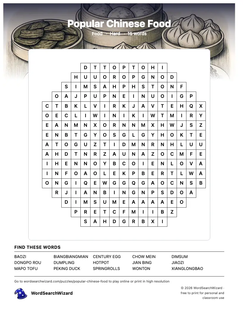 Popular Chinese Food word search printable sheet, 15 words to find